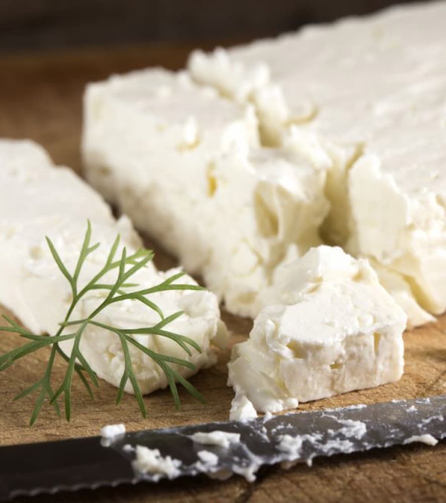 Fresh white cheese cut on a board