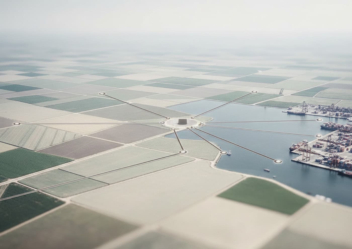 Aerial view of farmland connected by causeways to a container port