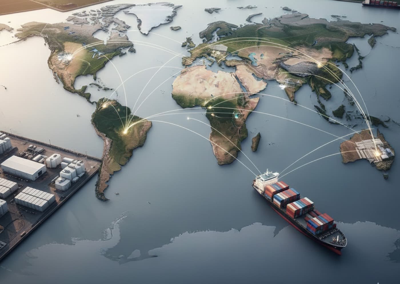 Trade lanes drawn between continents from a container terminal